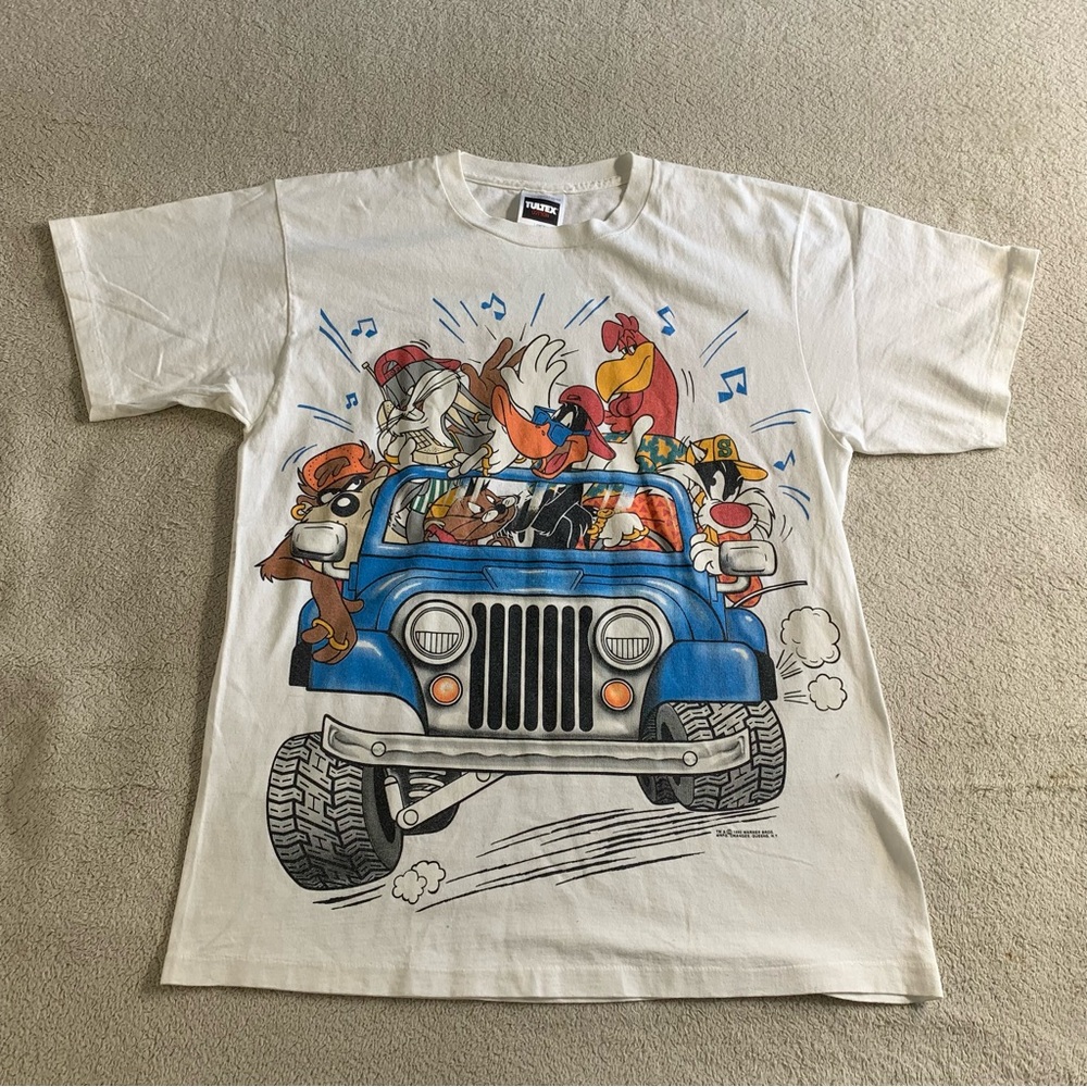 Looney Tunes Vintage 90s Jeep Drive Bugs Taz Hip Hop Double Sided Gray T-Shirt L